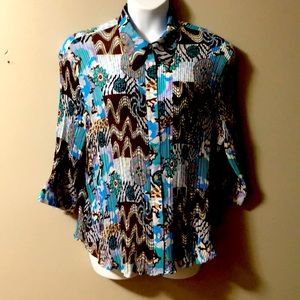 Brown, lilac, turquoise print blouse